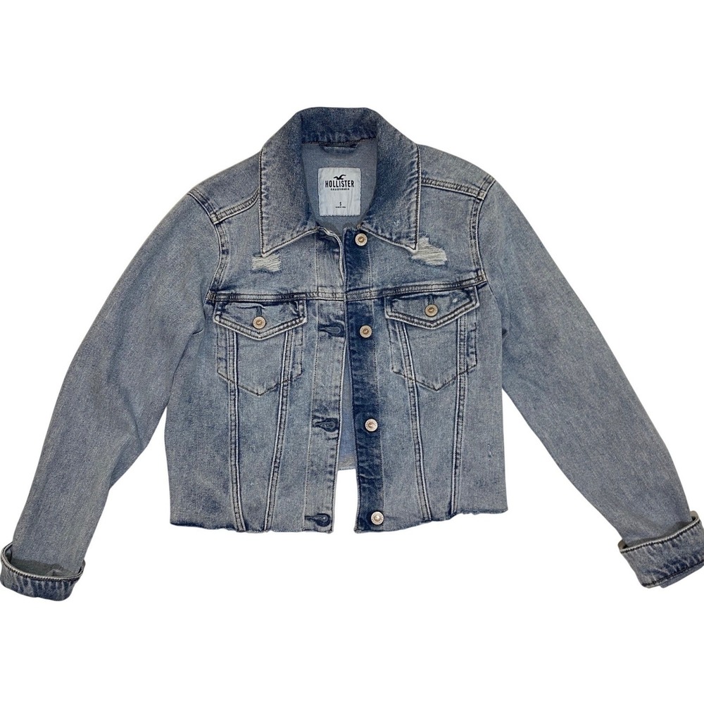 Hollister California Distressed Denim Jacket Light Wash Blue Cropped Raw Hem S